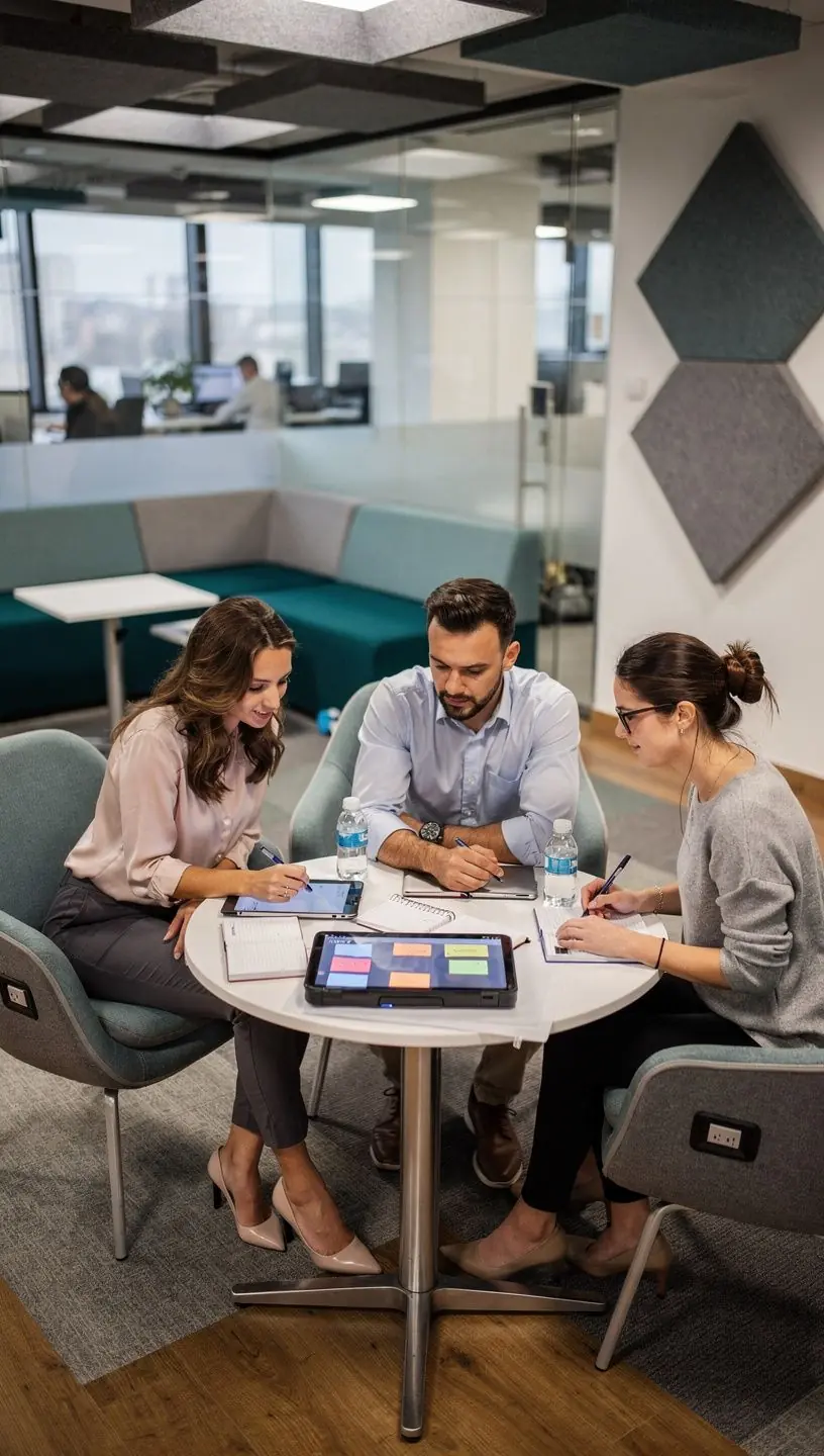 Birou modern cu zone de lucru organizate pentru maximizarea productivității.