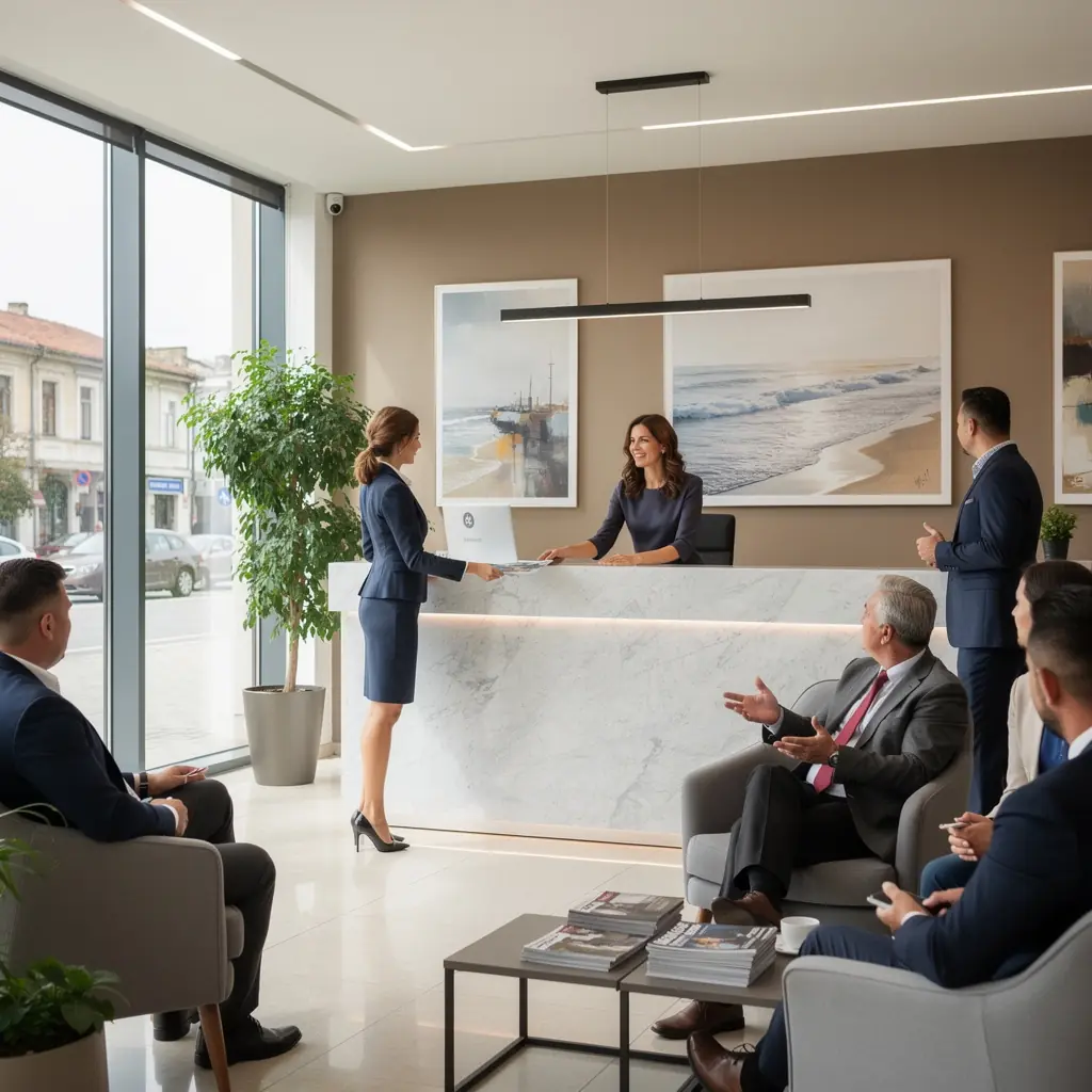 Design interior inovator al biroului, evidențiind zone de colaborare eficiente.